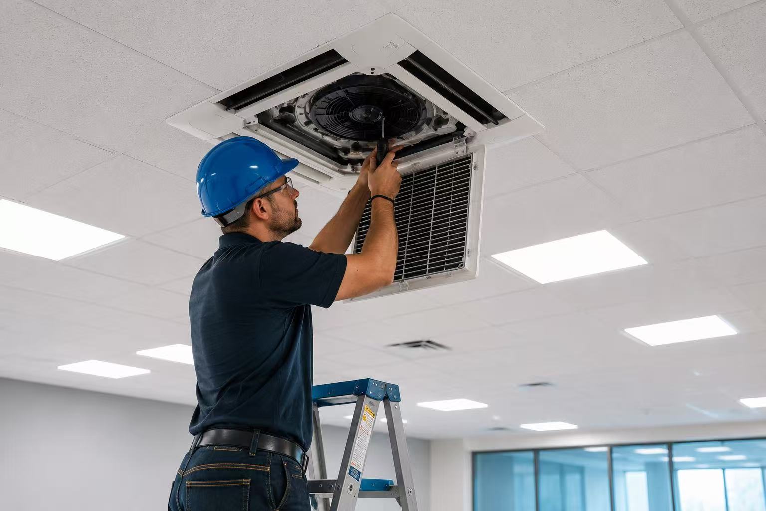 Technician servicing a commercial ceiling cassette unit