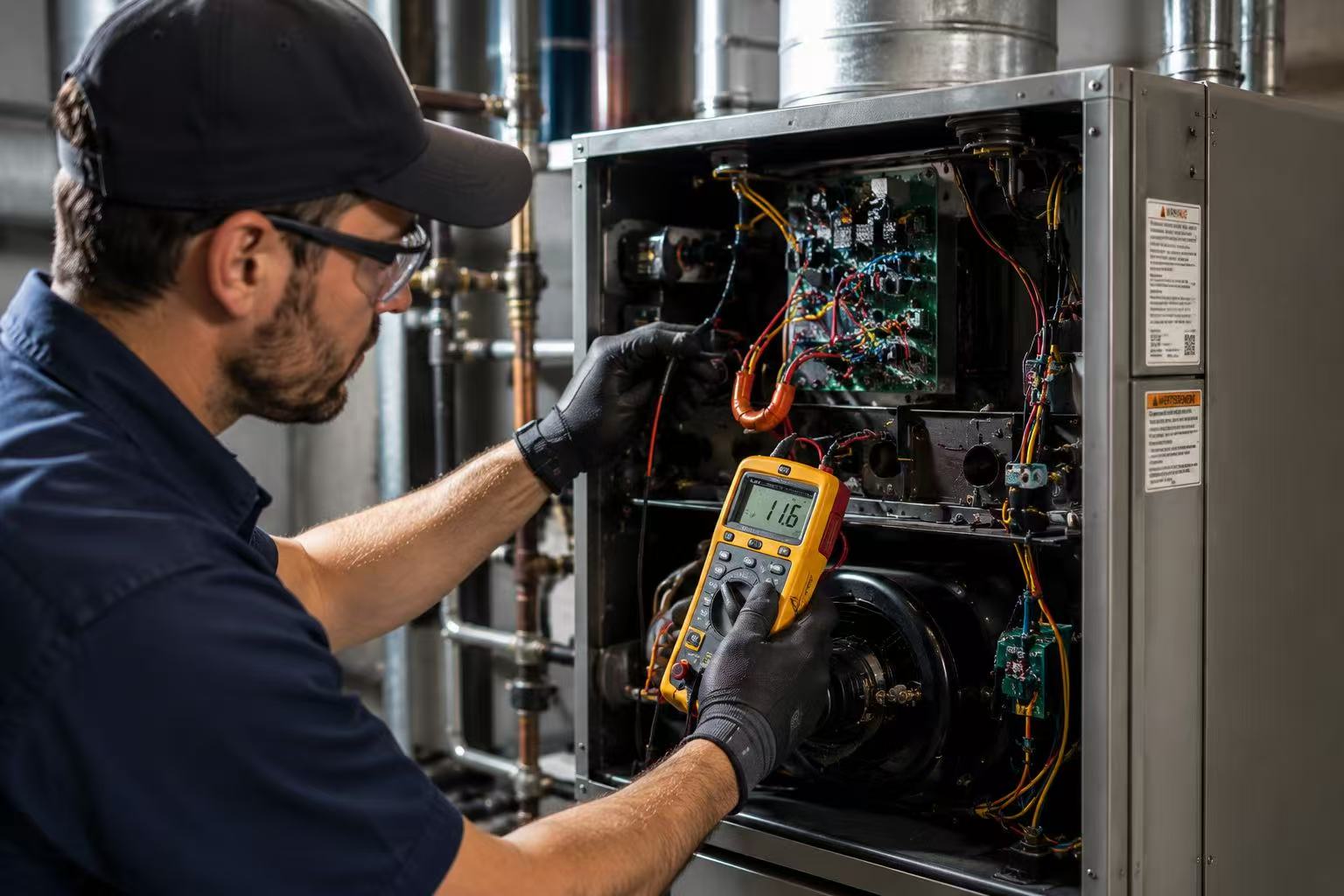 Technician performing electrical diagnostics on HVAC equipment