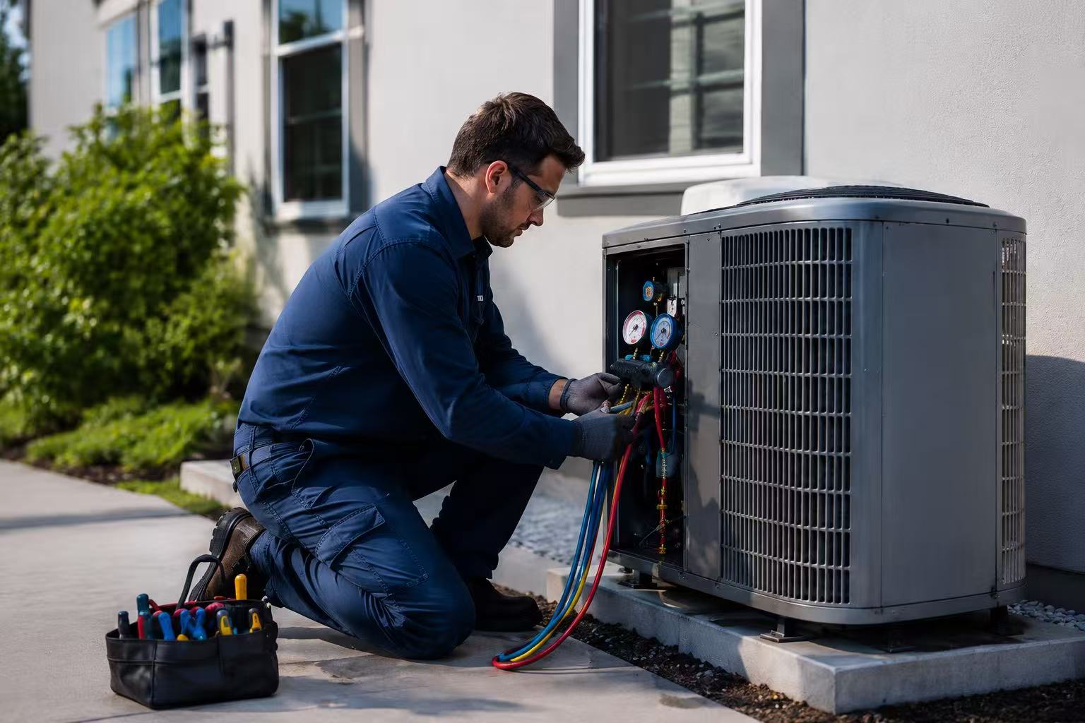 Technician servicing a residential outdoor air conditioning unit