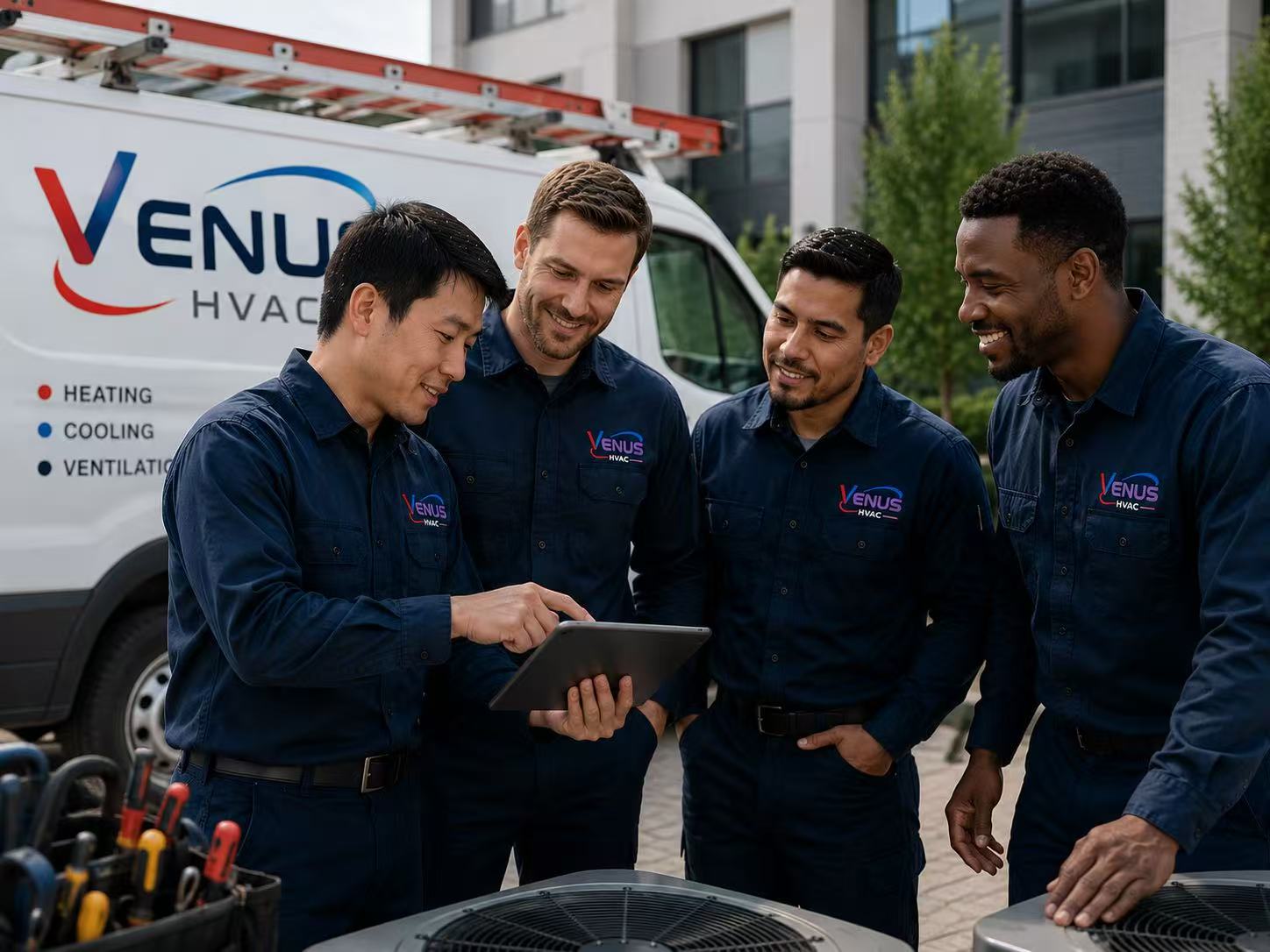 Venus HVAC team members reviewing a job plan together